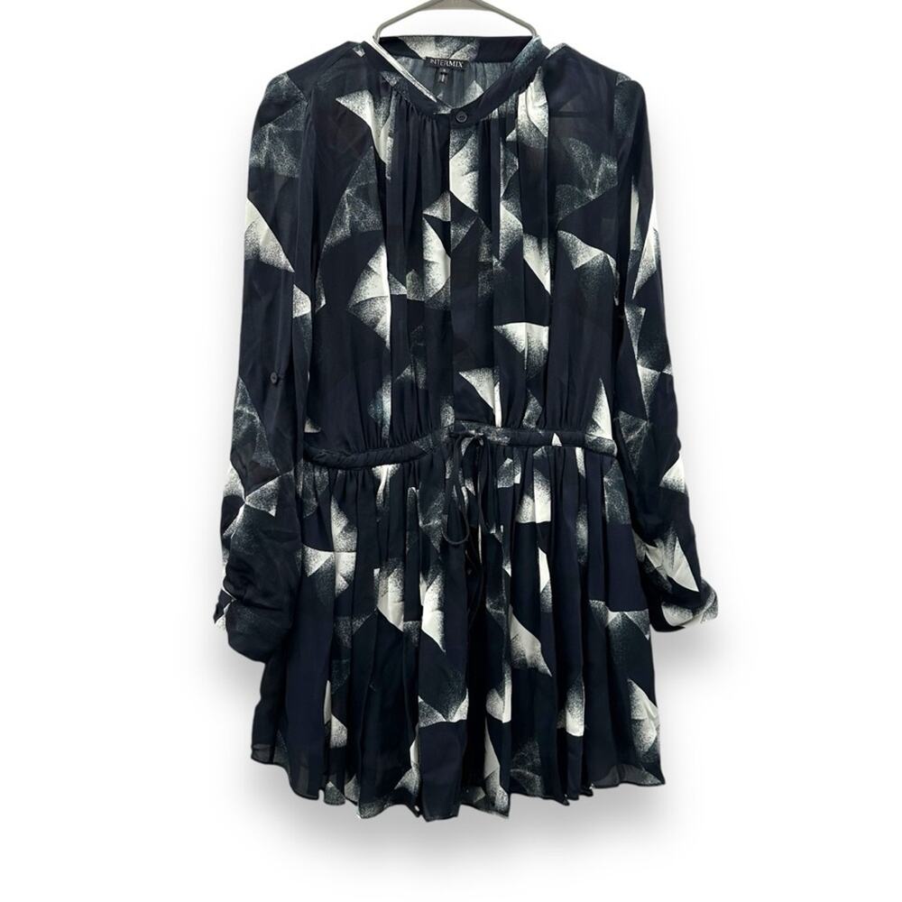 Intermix Printed Tie Mini Dress Small‎ Black White Long Sleeve Button Front